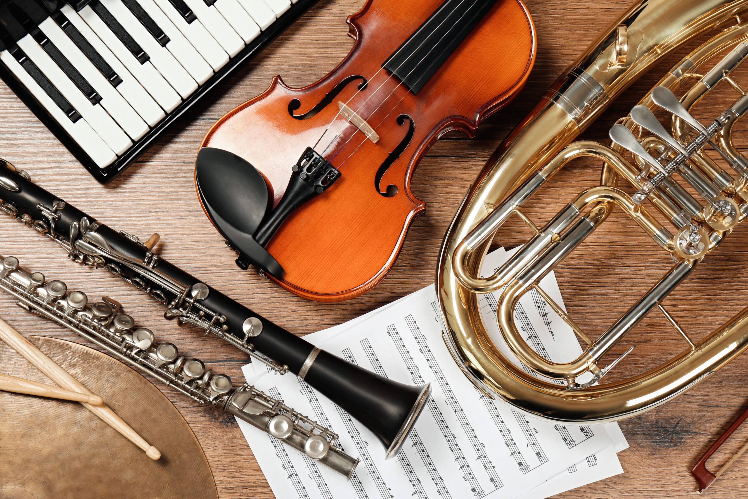 Set Of Different Musical Instruments On Wooden Background, Flat Set Of Different Musical Instruments On Wooden Background, Flat